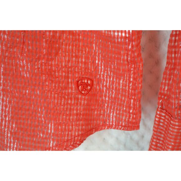 Ariat Women's Medium Red Gold Plaid Sheer Snap Button Down Long Sleeve Shirt - Picture 13 of 14